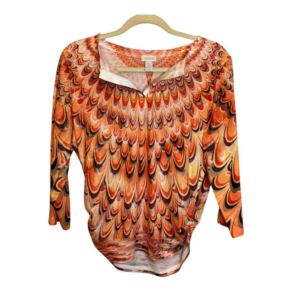 Chico's Blouse‎ Women's Size Medium V Neck Embellished Orange Swirls Chicos 1